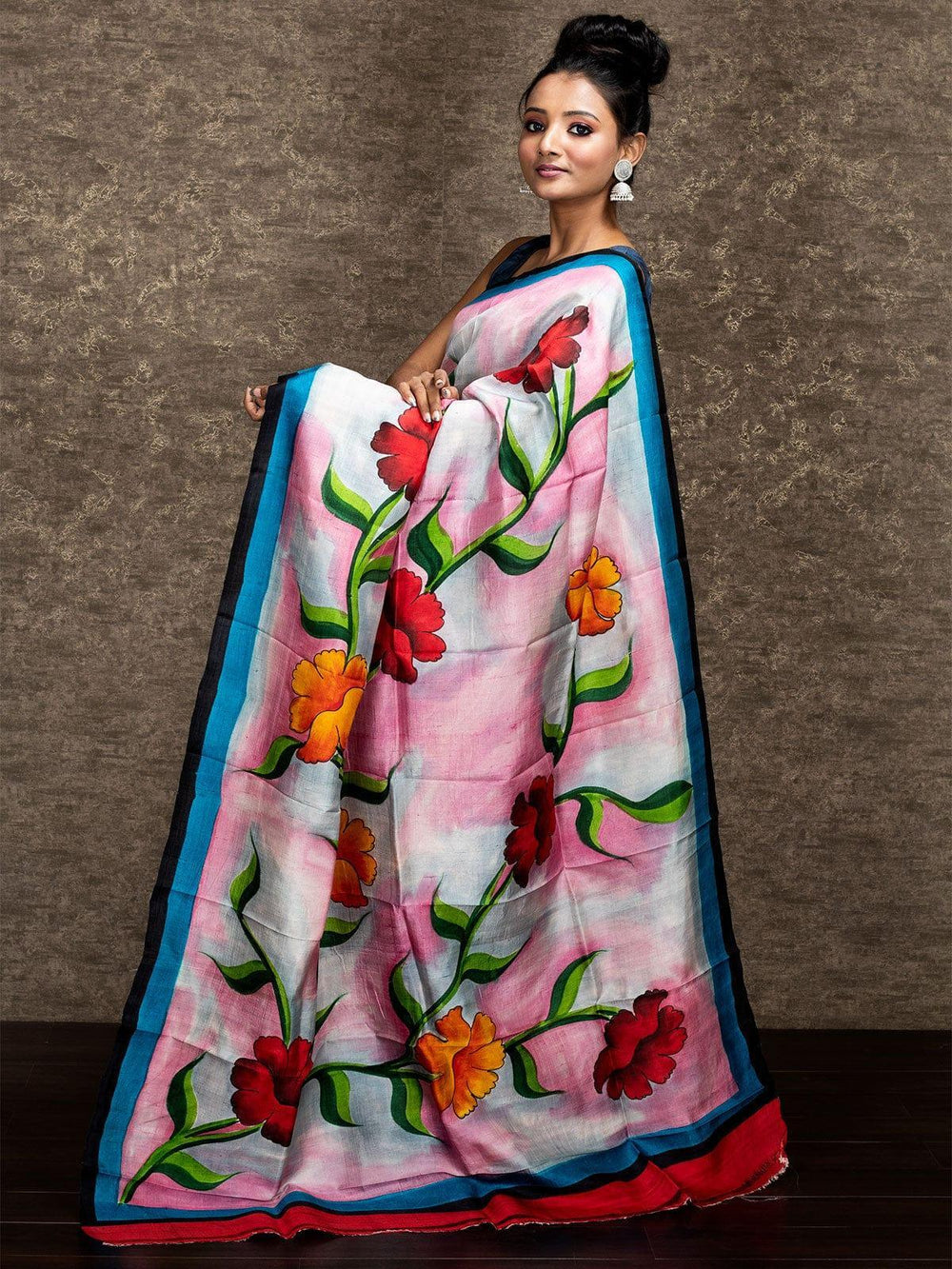 Flower Motif Par Anchal Hand Painted Murshidabad Silk Saree - WeaversIndia