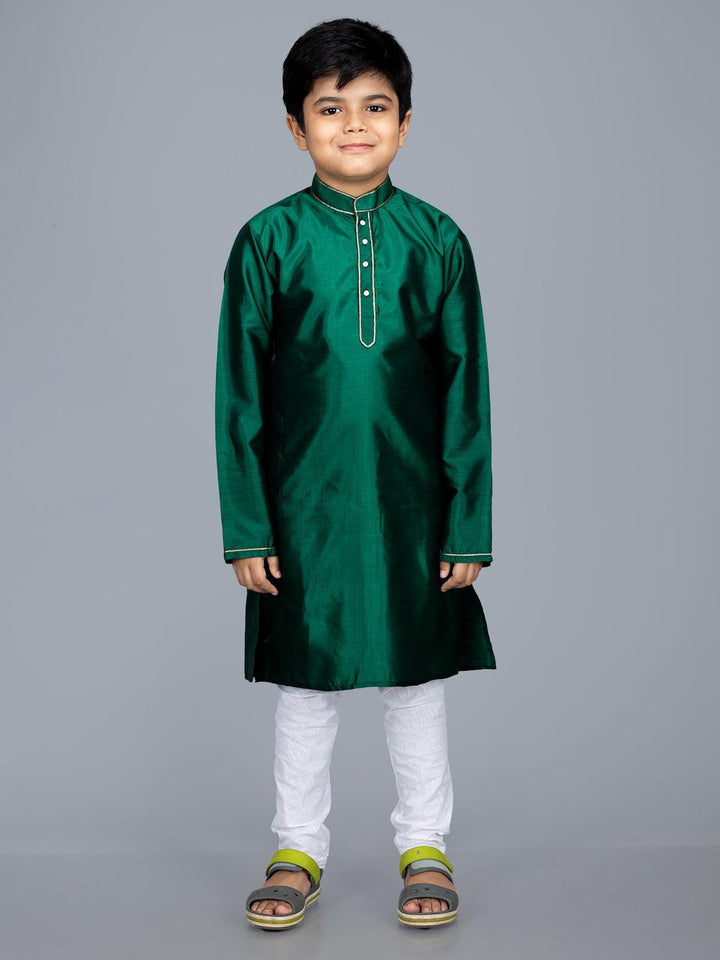 Bishnupuri Katan Silk Forest Green Boys Long Kurta - WeaversIndia