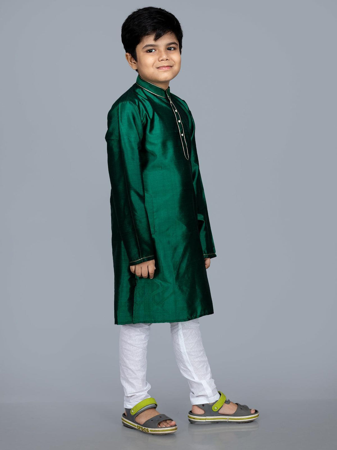 Bishnupuri Katan Silk Forest Green Boys Long Kurta - WeaversIndia