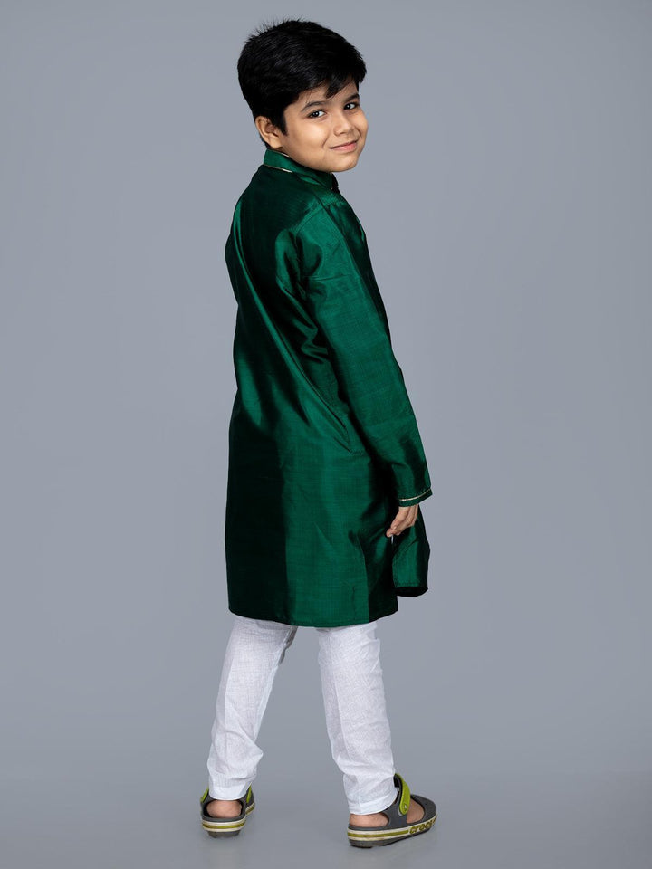 Bishnupuri Katan Silk Forest Green Boys Long Kurta - WeaversIndia