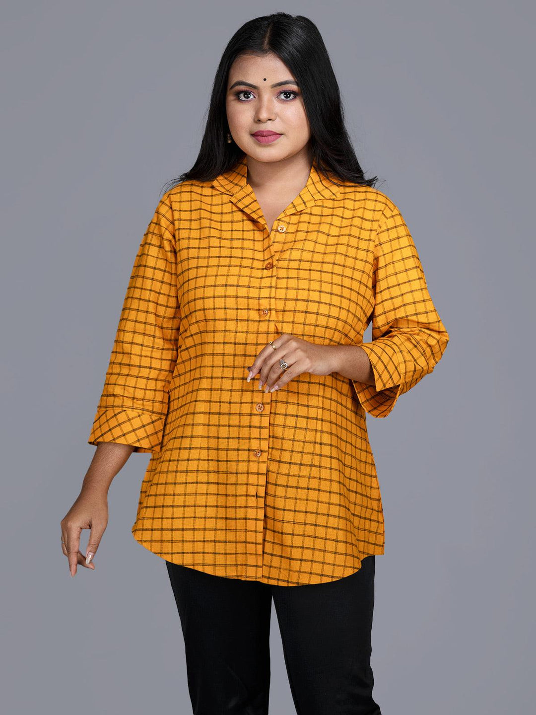 Fulvous Gamboge Colored Handwoven Check Cotton Shirt - WeaversIndia
