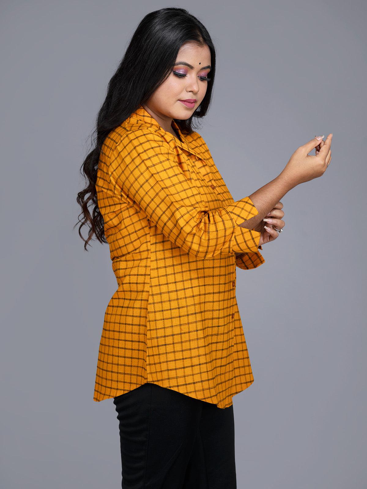 Fulvous Gamboge Colored Handwoven Check Cotton Shirt - WeaversIndia