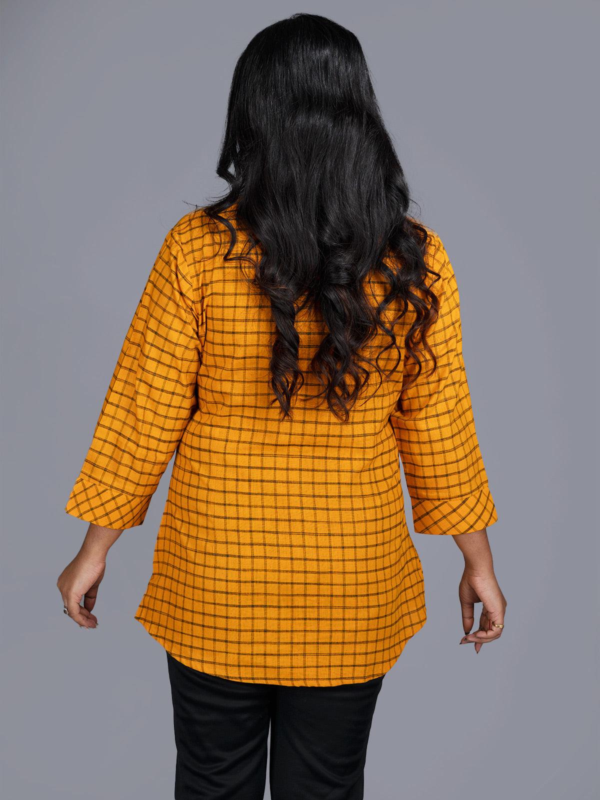 Fulvous Gamboge Colored Handwoven Check Cotton Shirt - WeaversIndia