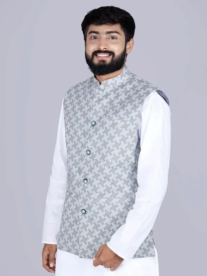 Gray Printed Poly Cotton Modi Jacket - WeaversIndia