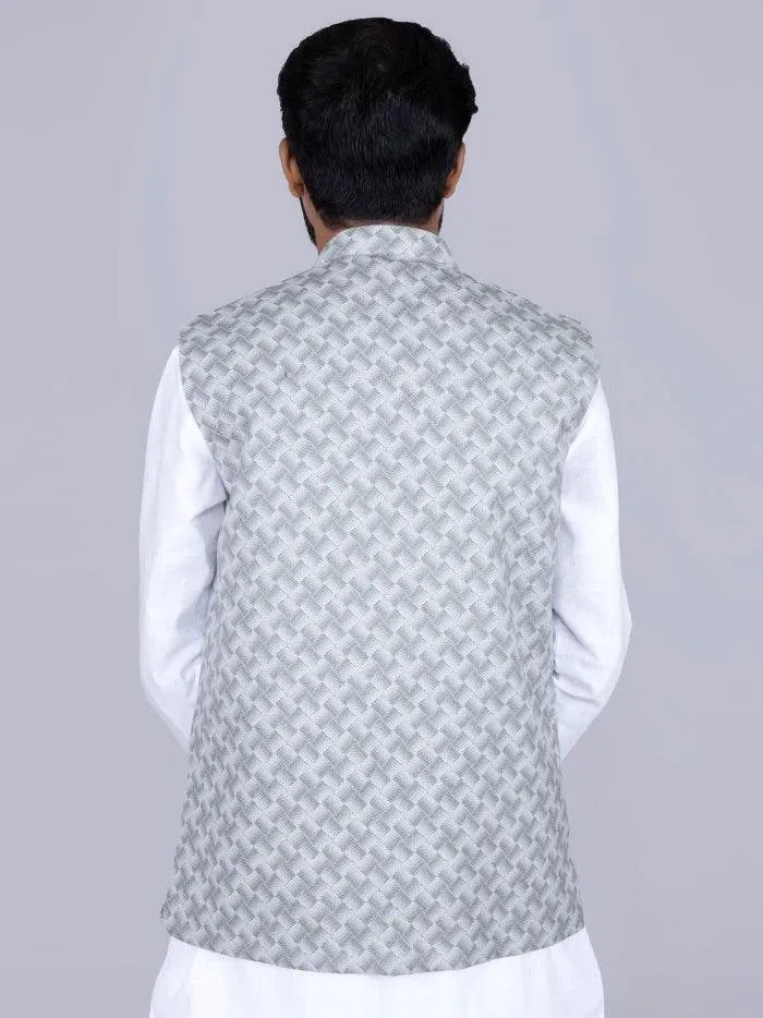 Gray Printed Poly Cotton Modi Jacket - WeaversIndia