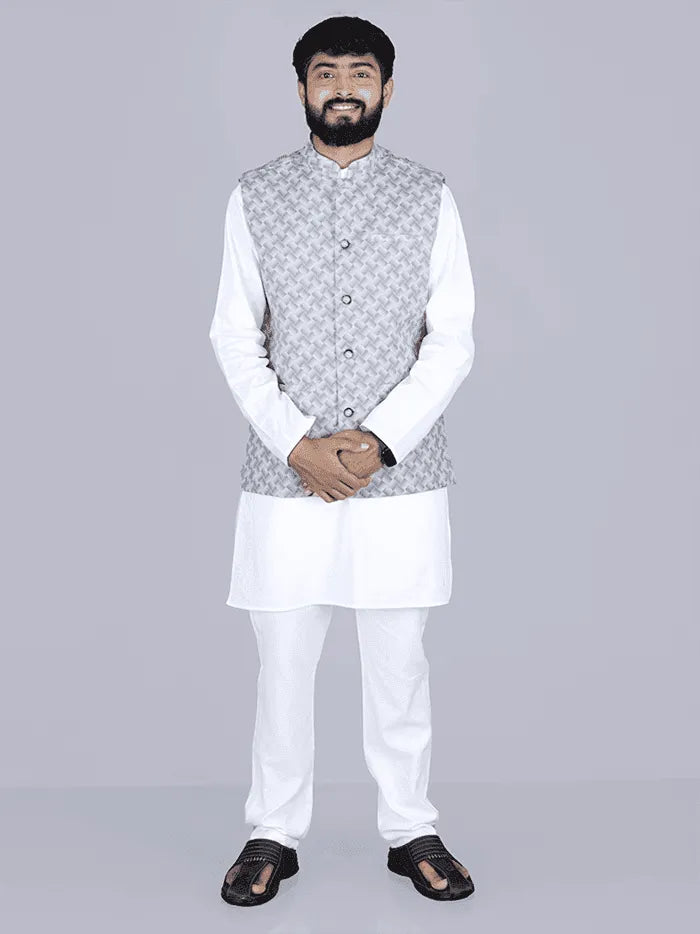 Gray Printed Poly Cotton Modi Jacket - WeaversIndia