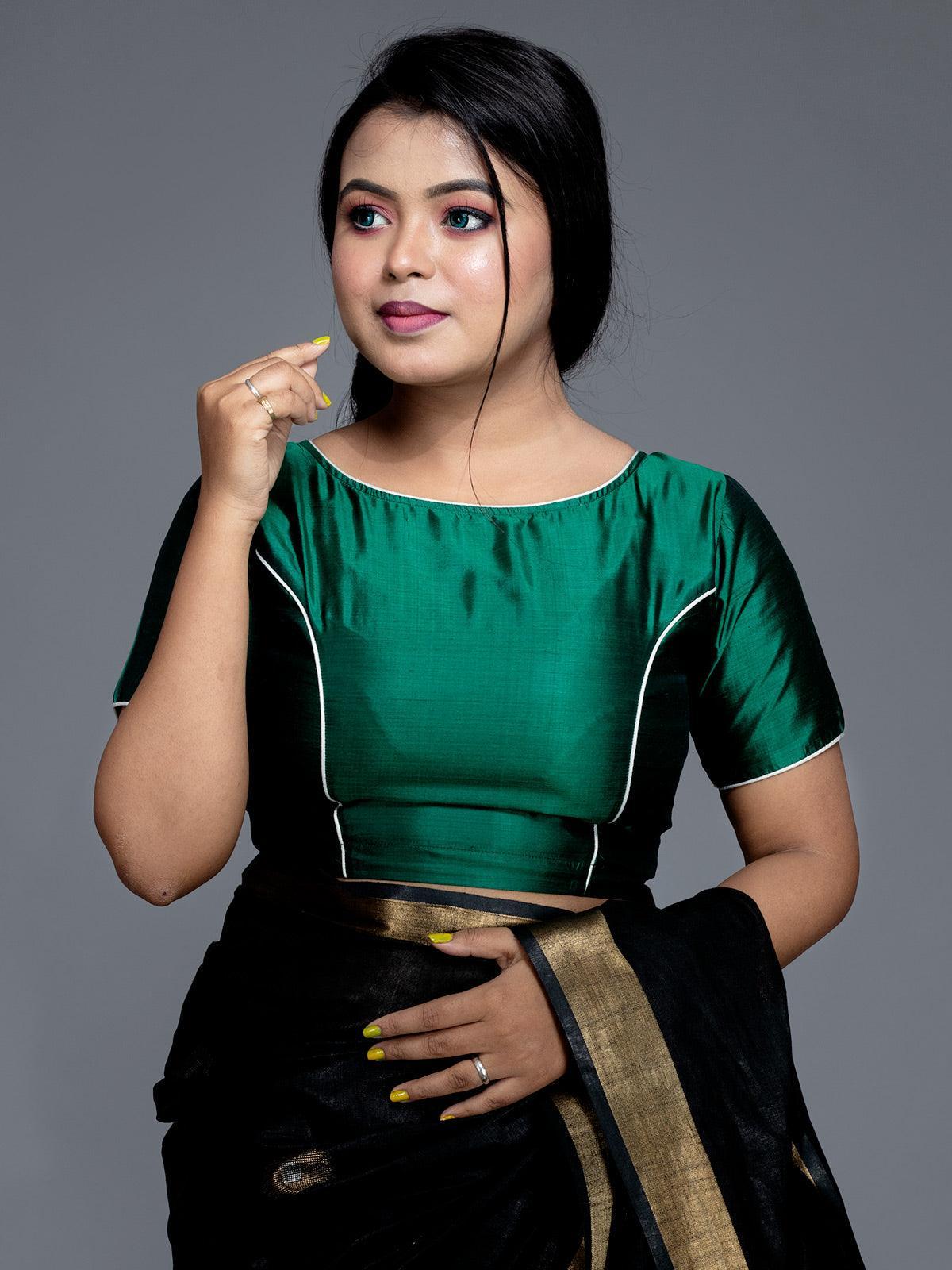 Green Boat Neck Bishnupuri Katan Silk Blouse - WeaversIndia