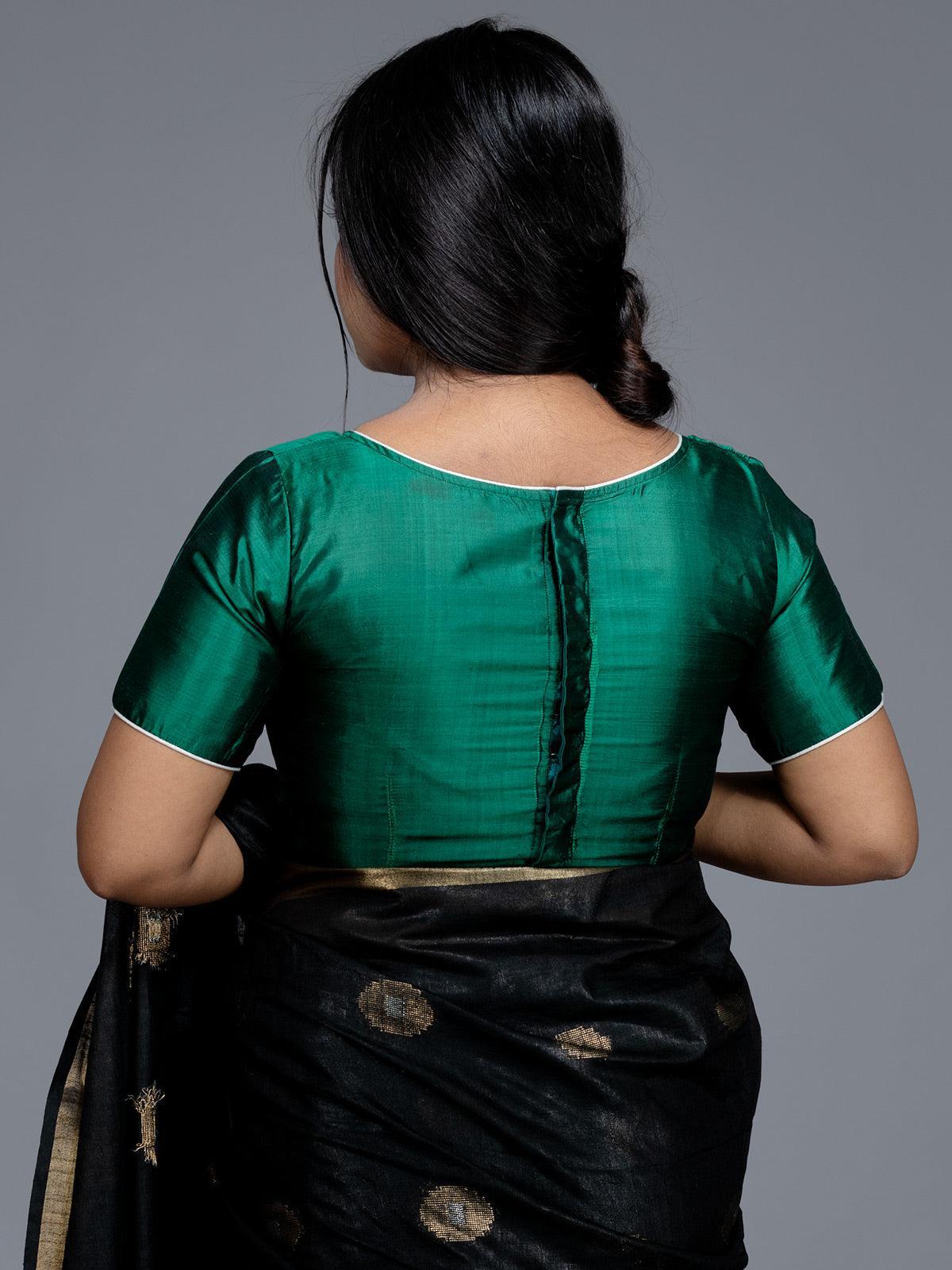 Green Boat Neck Bishnupuri Katan Silk Blouse - WeaversIndia