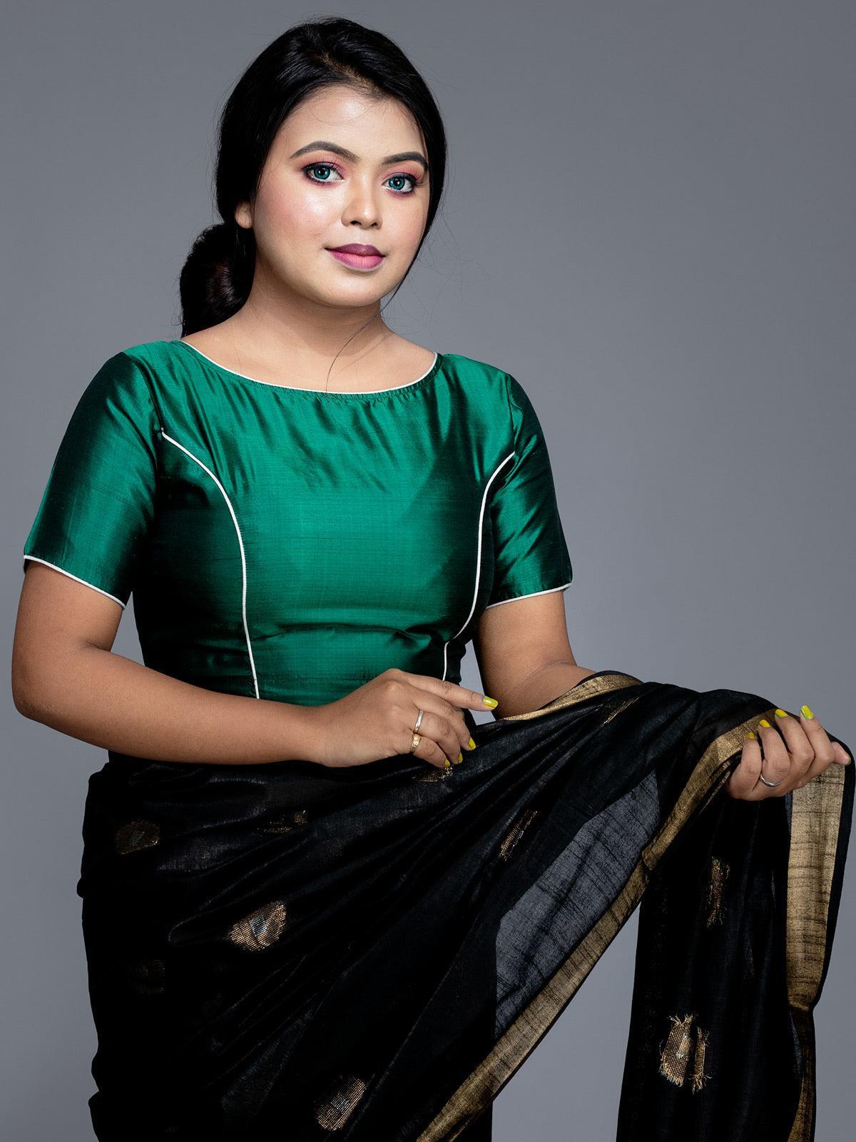 Green Boat Neck Bishnupuri Katan Silk Blouse - WeaversIndia