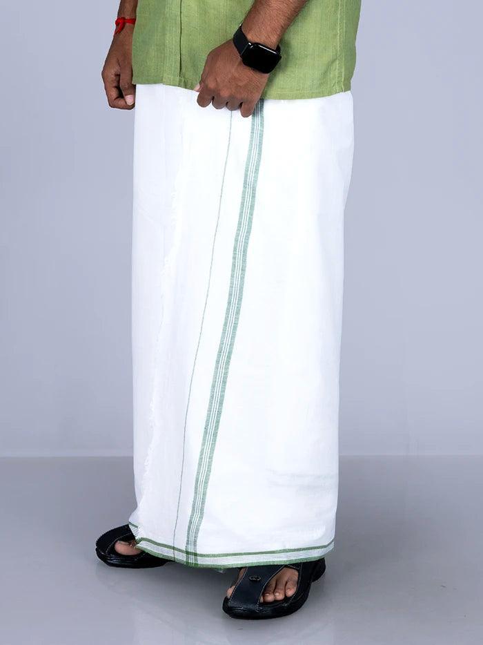 Green Border White Fine Muslin Dhoti 4.10 Meter - WeaversIndia