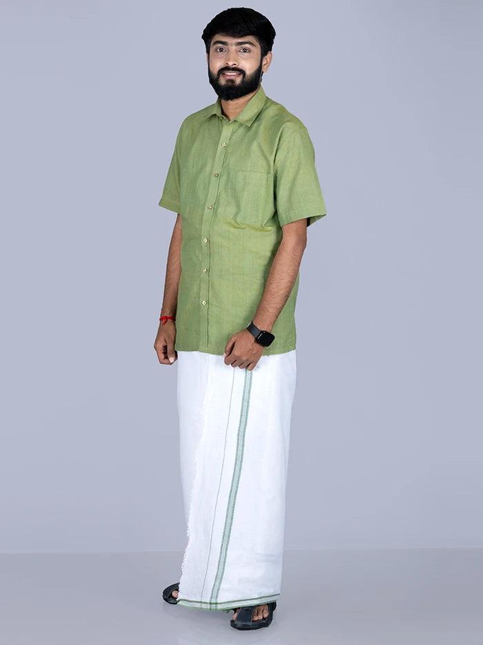 Green Border White Fine Muslin Dhoti 4.10 Meter - WeaversIndia