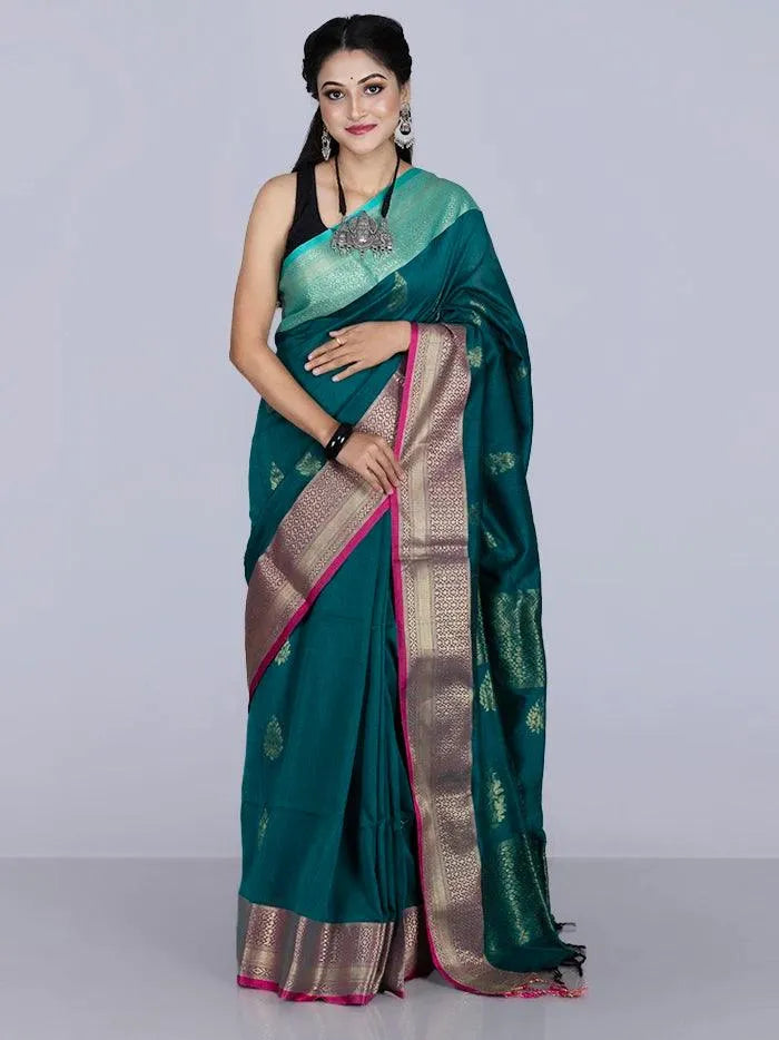 Green Par Anchal Buti Blend Cotton Handloom Saree - WeaversIndia