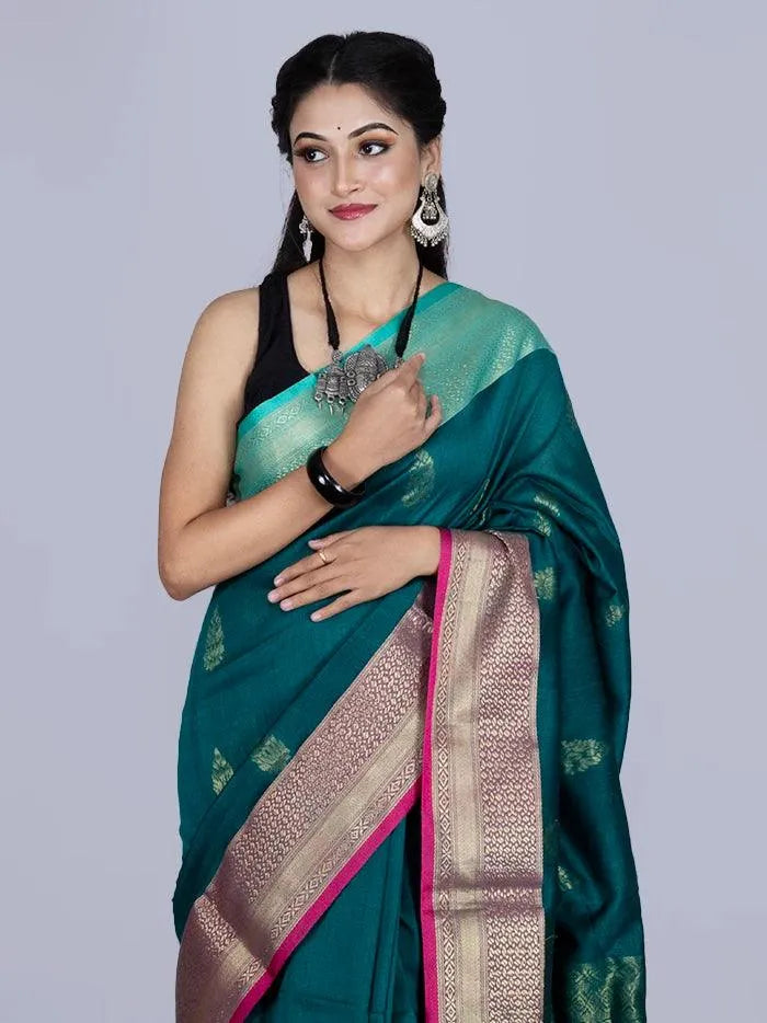 Green Par Anchal Buti Blend Cotton Handloom Saree - WeaversIndia