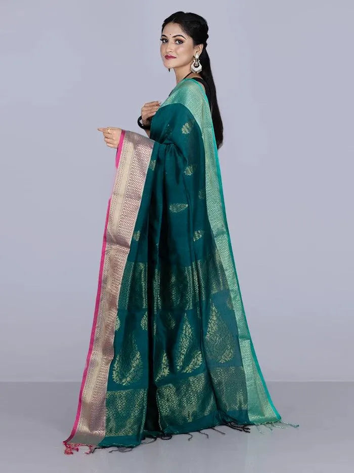 Green Par Anchal Buti Blend Cotton Handloom Saree - WeaversIndia