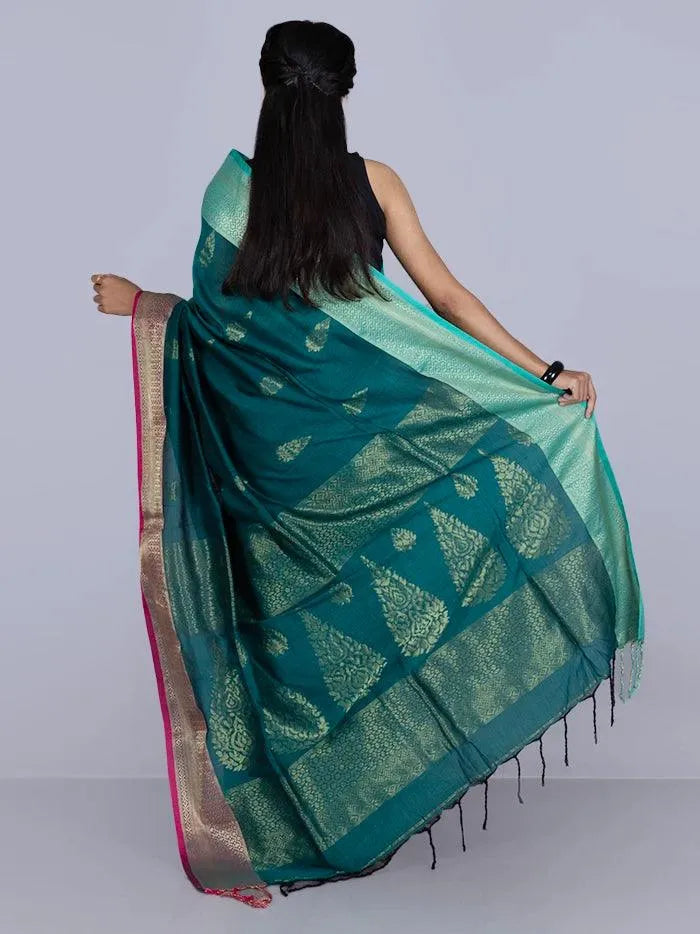 Green Par Anchal Buti Blend Cotton Handloom Saree - WeaversIndia