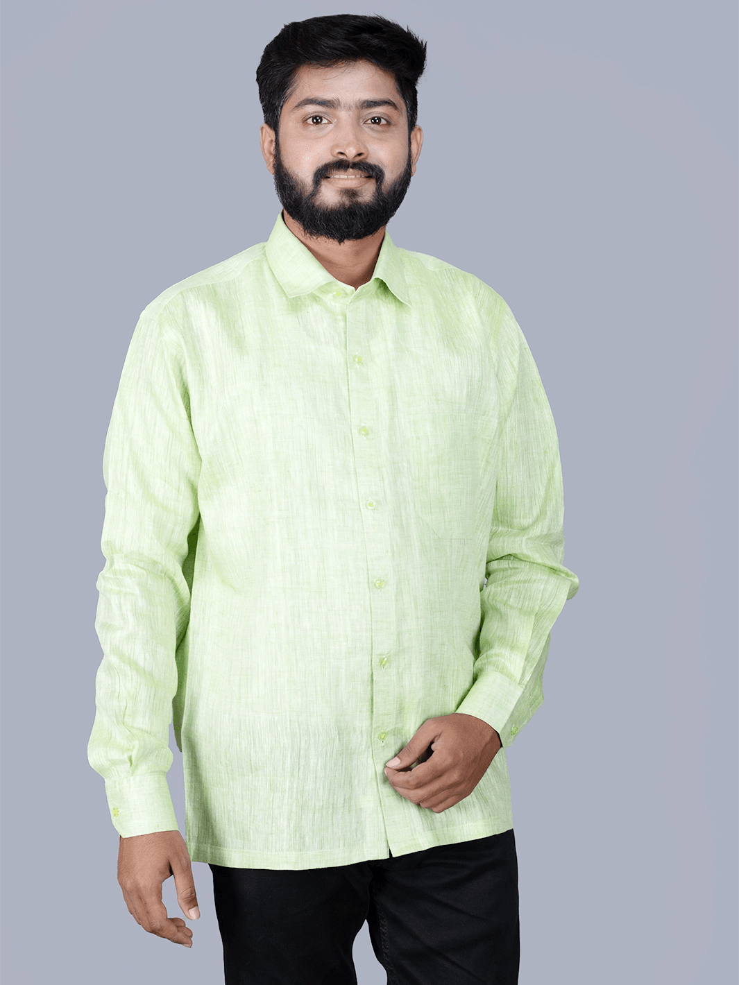 Green Solid Handwoven Linen Men Full Sleeves Shirt - WeaversIndia