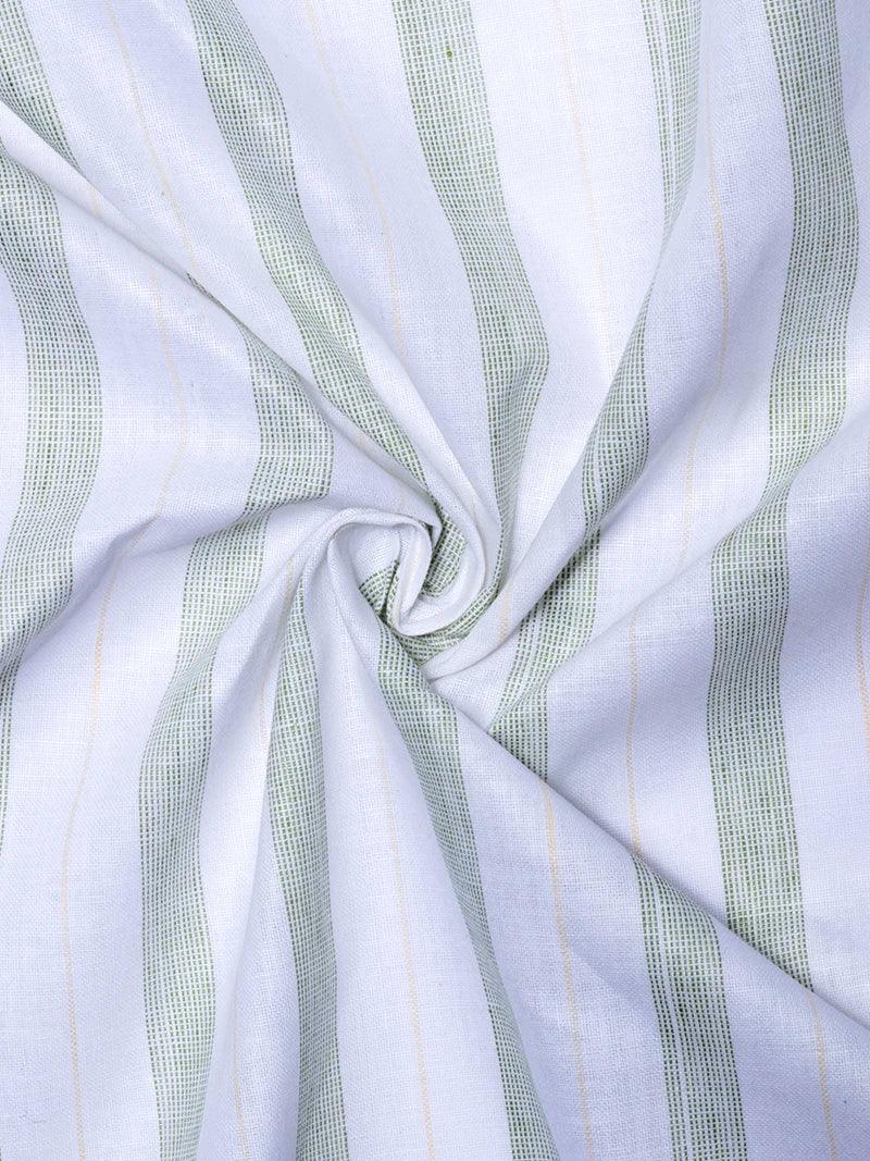 Green Whte Striped Handwoven Organic Cotton Fabric 44 Inch Width - WeaversIndia