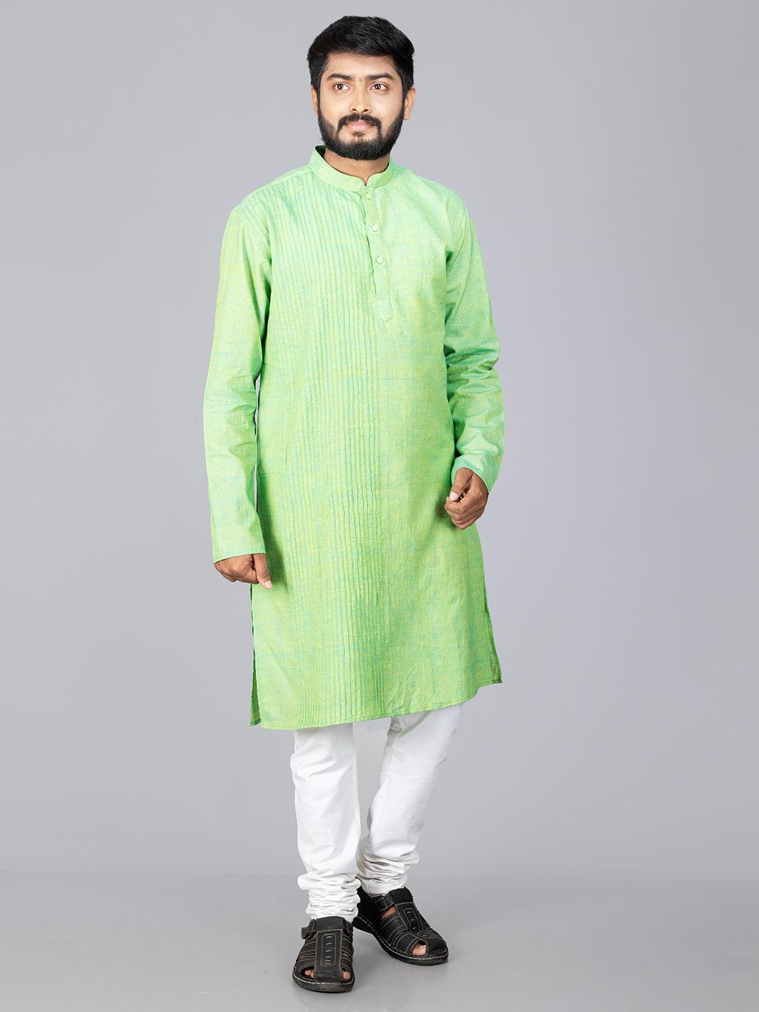 Green Yellow Handwoven Organic Cotton Pintuck Men kurta - WeaversIndia