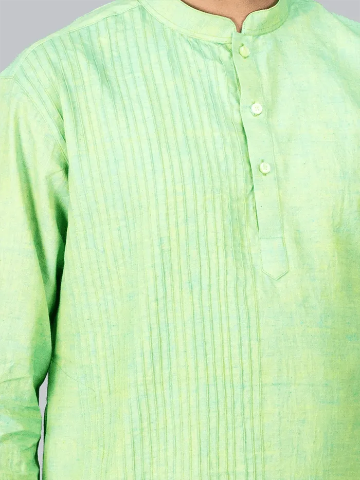 Green Yellow Handwoven Organic Cotton Pintuck Men kurta - WeaversIndia