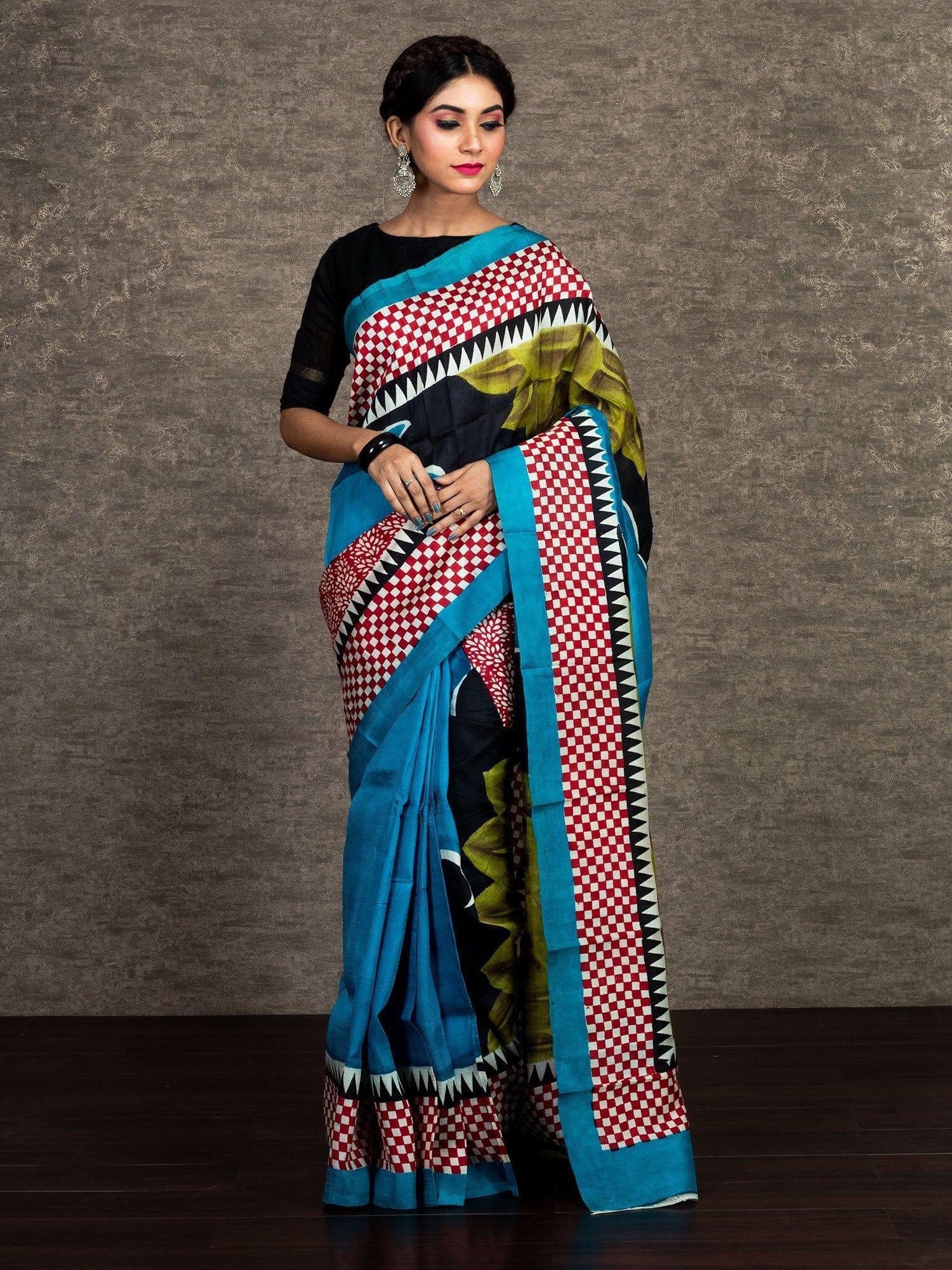 Half Half Block Printed Murshidabad Silk Saree - WeaversIndia