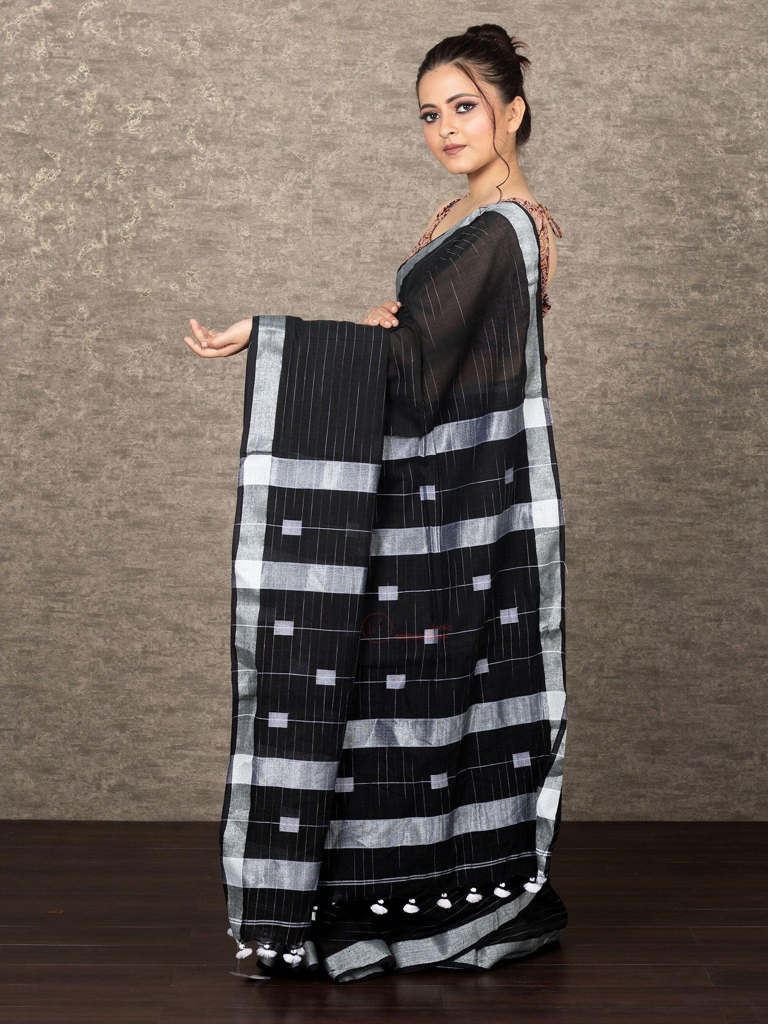 Handwoven Black Box Anchal Khadi Cotton Saree - WeaversIndia