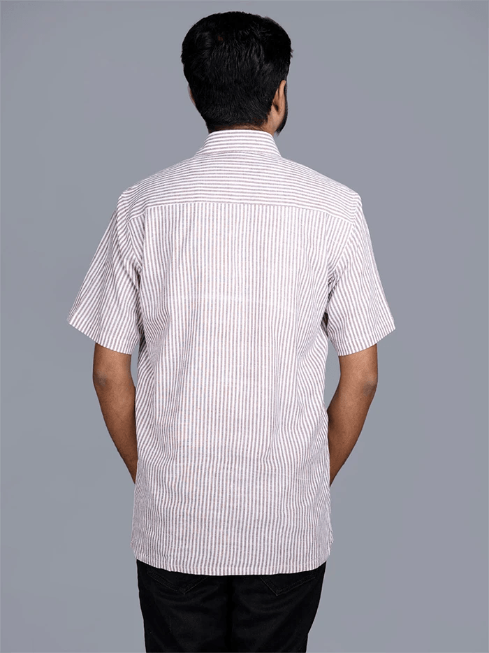 Handwoven Cotton Brown Striped Half Sleeves Men Shirt - WeaversIndia