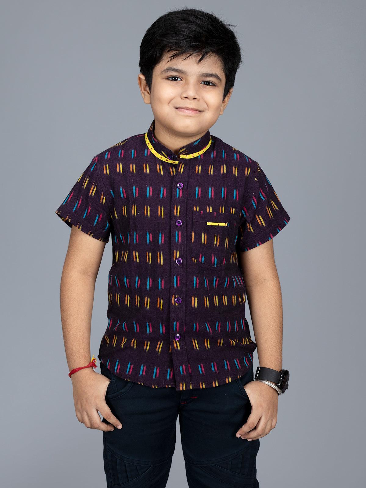 Handwoven Cotton Dark Sienna Ikkat Boys Shirt - WeaversIndia