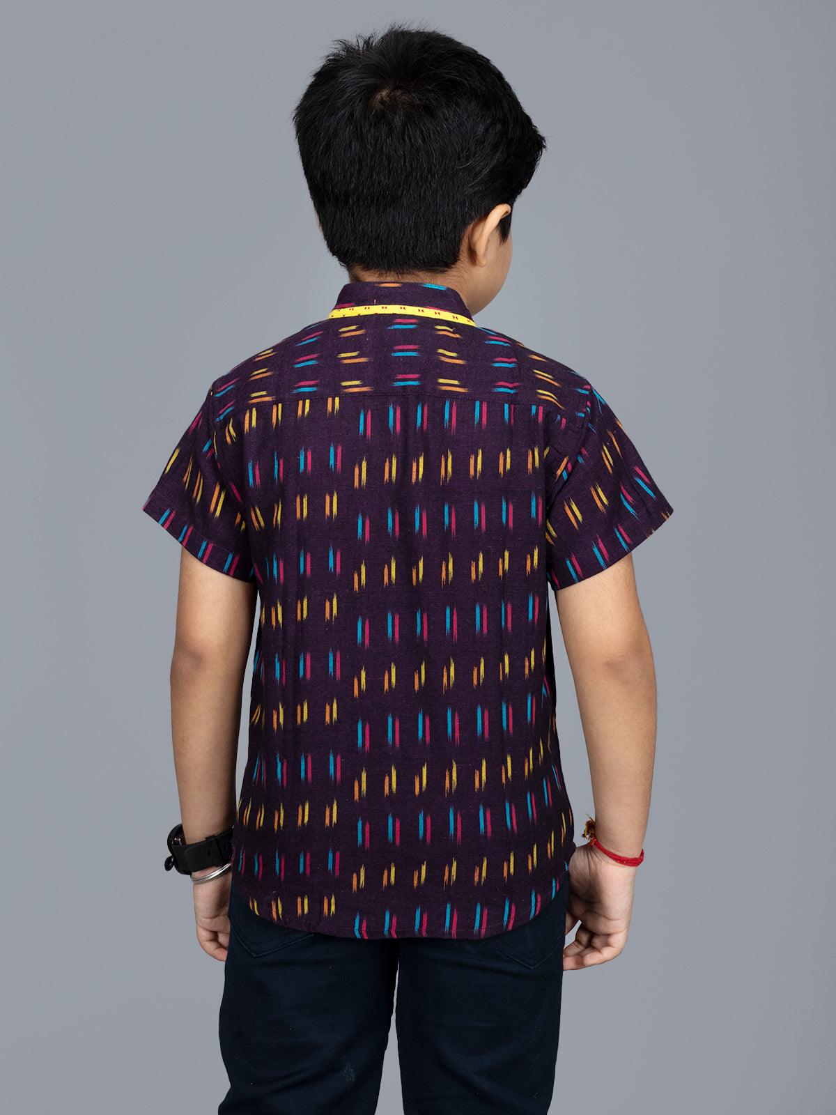 Handwoven Cotton Dark Sienna Ikkat Boys Shirt - WeaversIndia