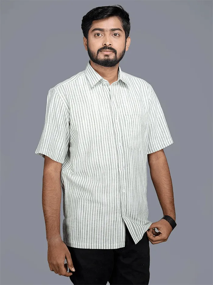 Handwoven Cotton Green Stiped Half Sleeves Men Shirt - WeaversIndia