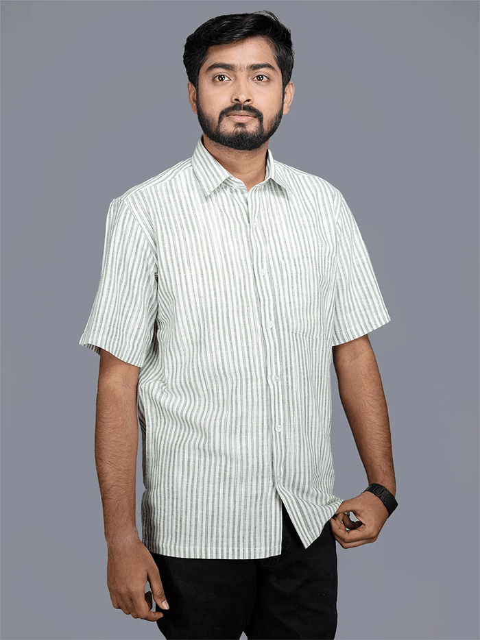 Handwoven Cotton Green Stiped Half Sleeves Men Shirt - WeaversIndia