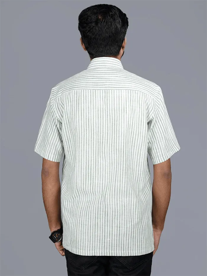 Handwoven Cotton Green Stiped Half Sleeves Men Shirt - WeaversIndia