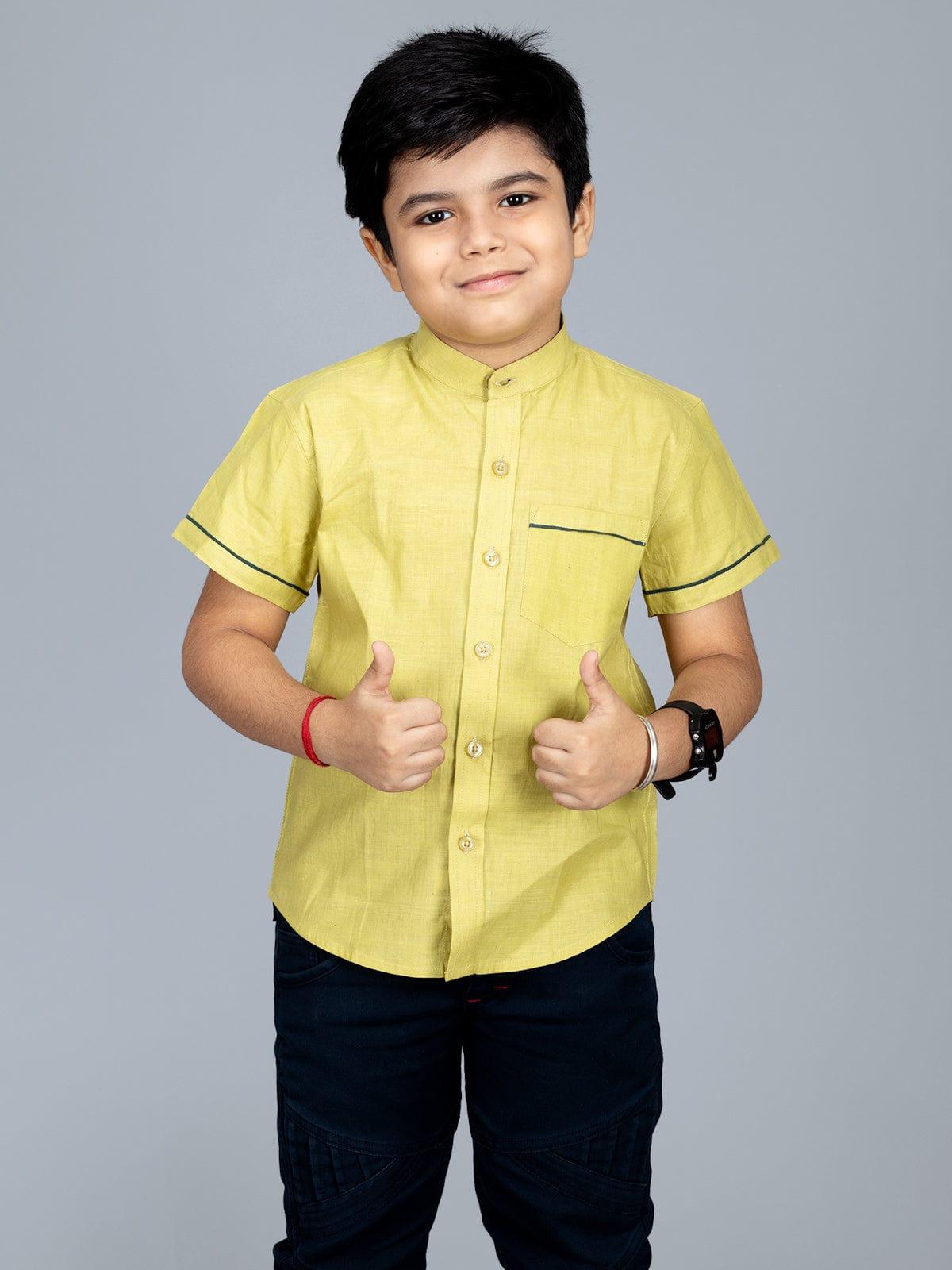 Handwoven Cotton Olive Boys Shirt - WeaversIndia