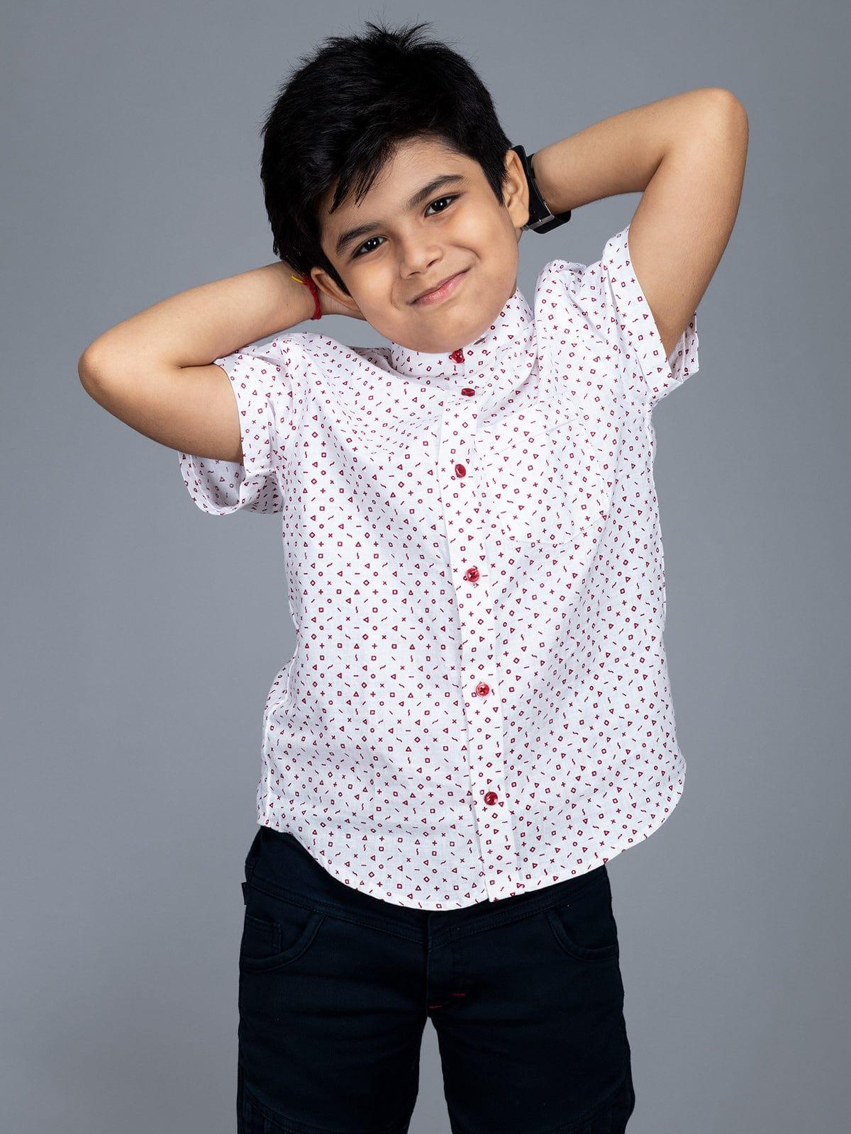 Handwoven Cotton White Printed Boys Shirt - WeaversIndia