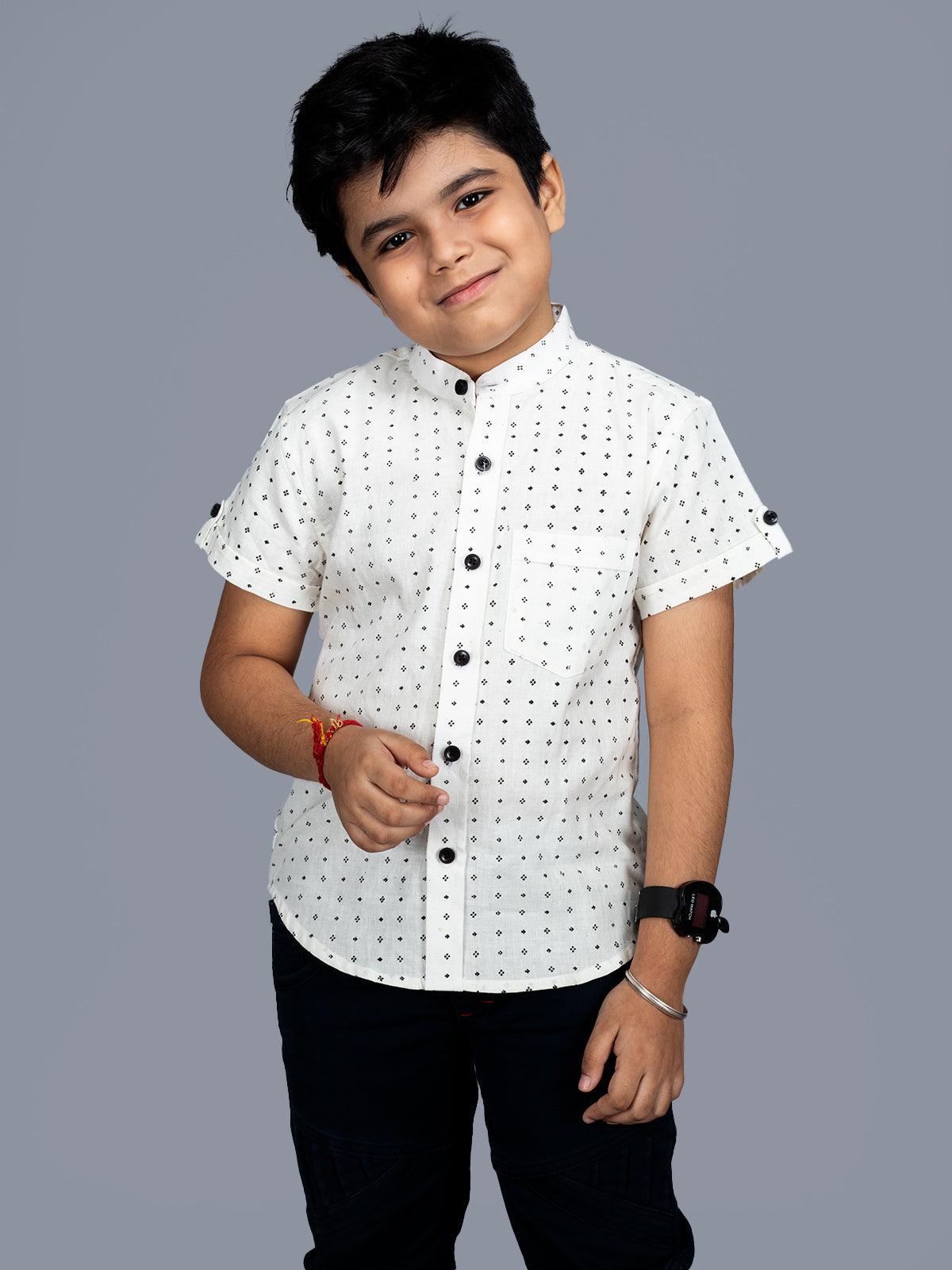 Handwoven Cotton White Printed Boys Shirt - WeaversIndia