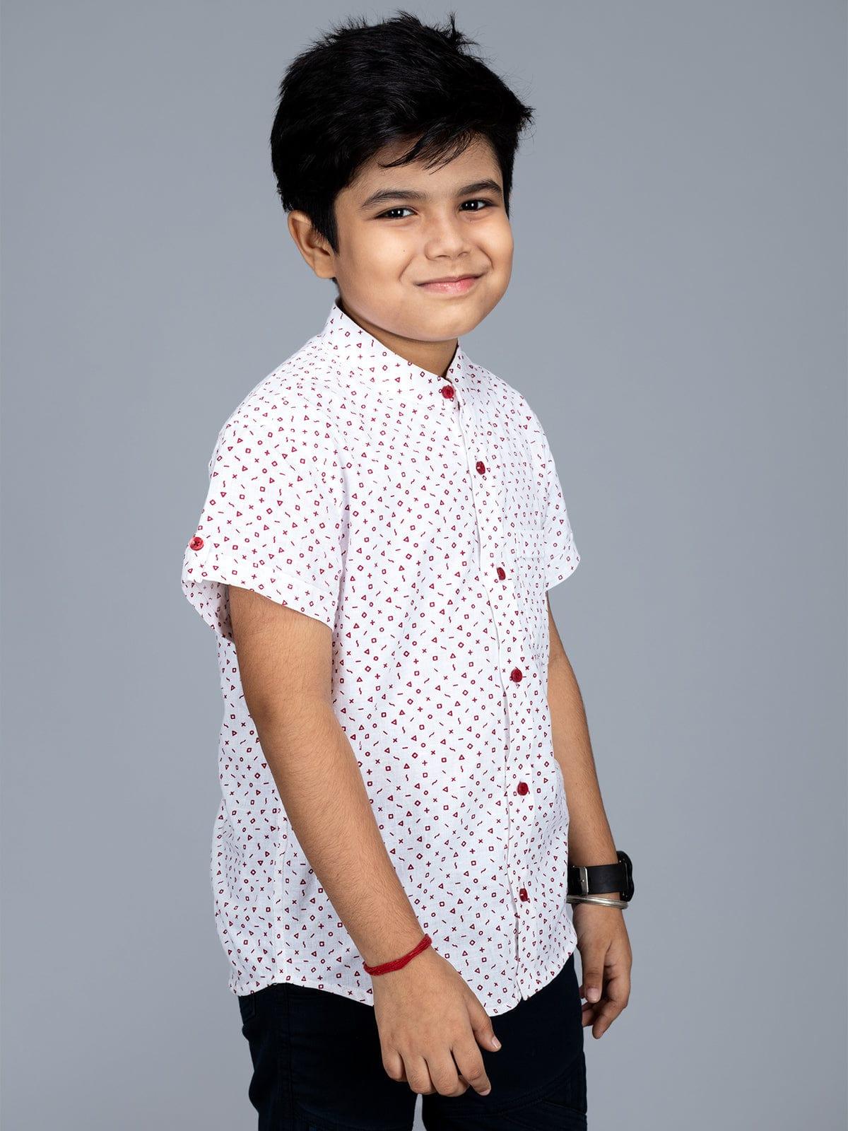 Handwoven Cotton White Printed Boys Shirt - WeaversIndia