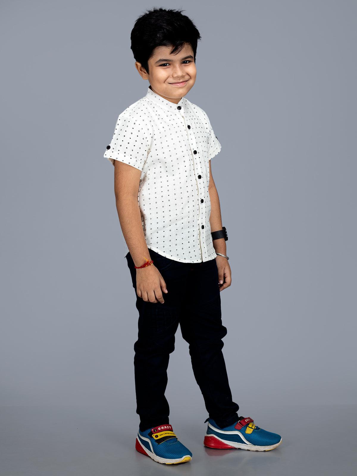 Handwoven Cotton White Printed Boys Shirt - WeaversIndia