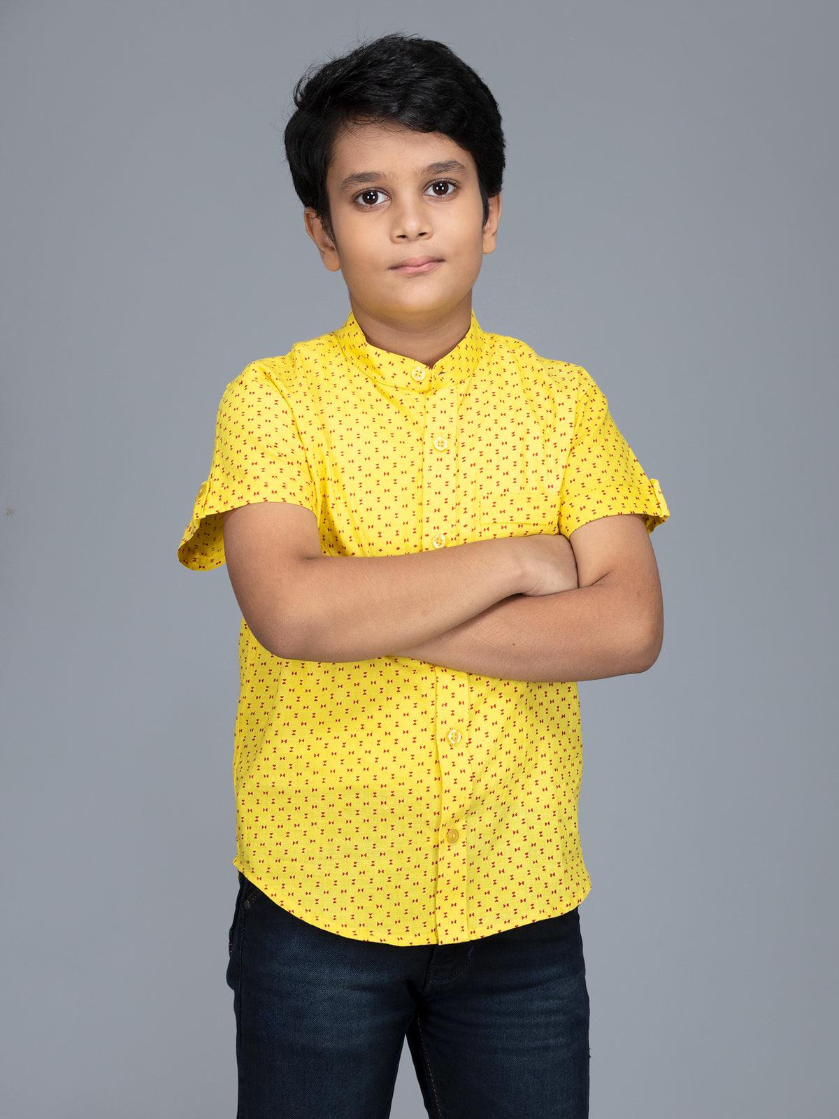 Handwoven Cotton Yellow Printed Boys Shirt - WeaversIndia