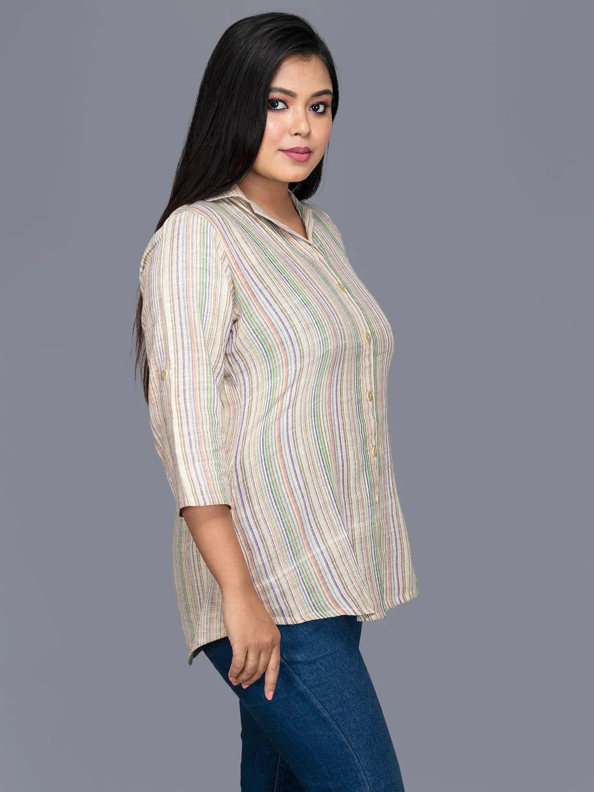 Handwoven Multi Color Striped Cotton Women Shirt - WeaversIndia