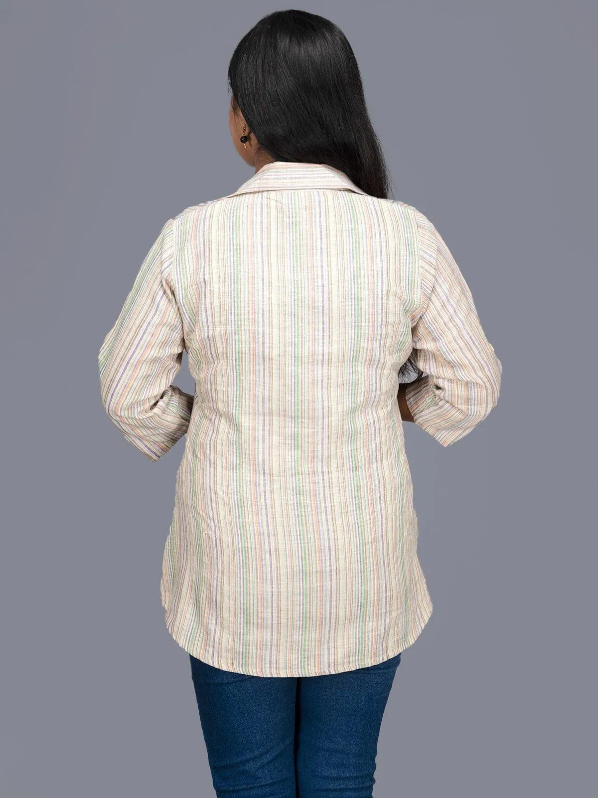 Handwoven Multi Color Striped Cotton Women Shirt - WeaversIndia