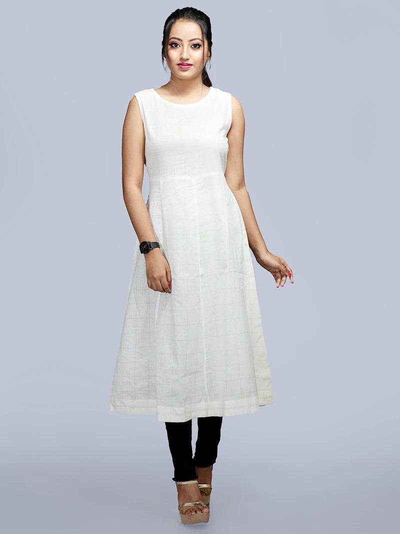 Handwoven Organic Cotton Checks Off White Kurta - WeaversIndia