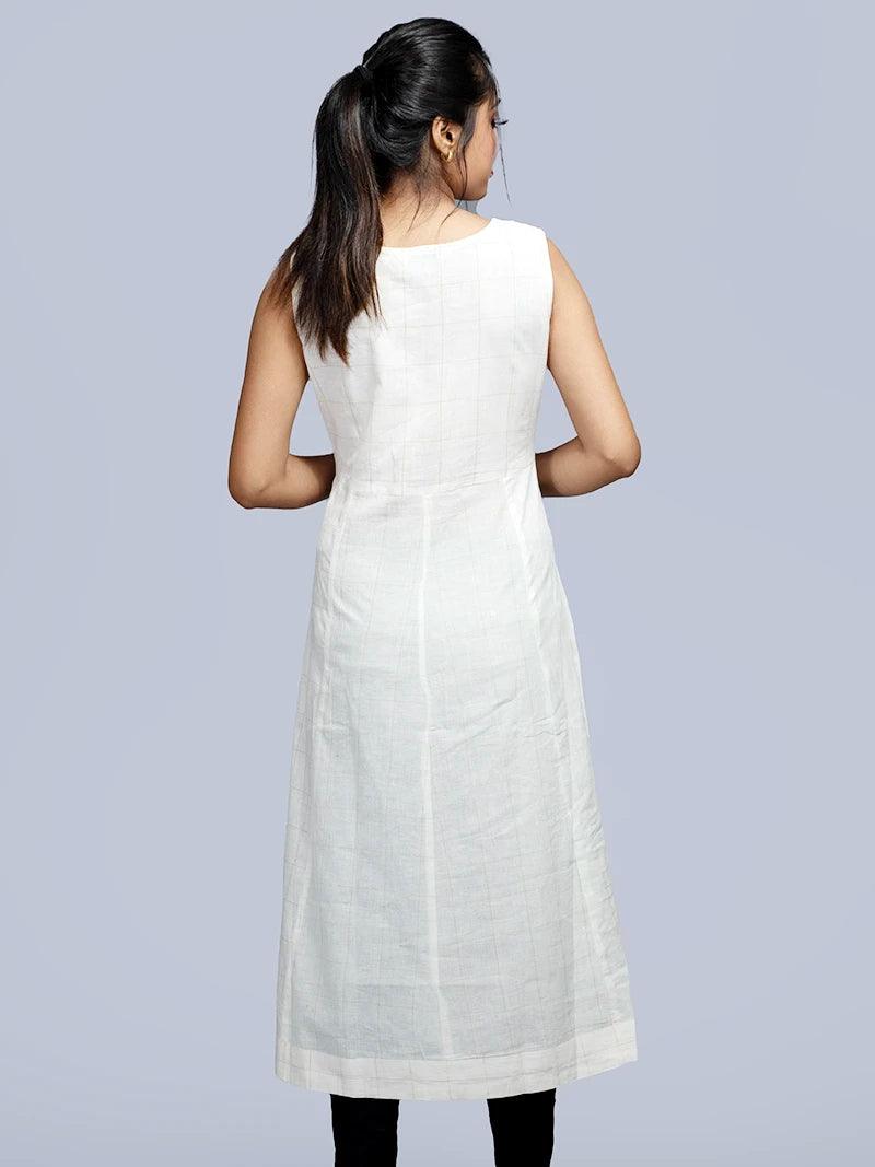 Handwoven Organic Cotton Checks Off White Kurta - WeaversIndia