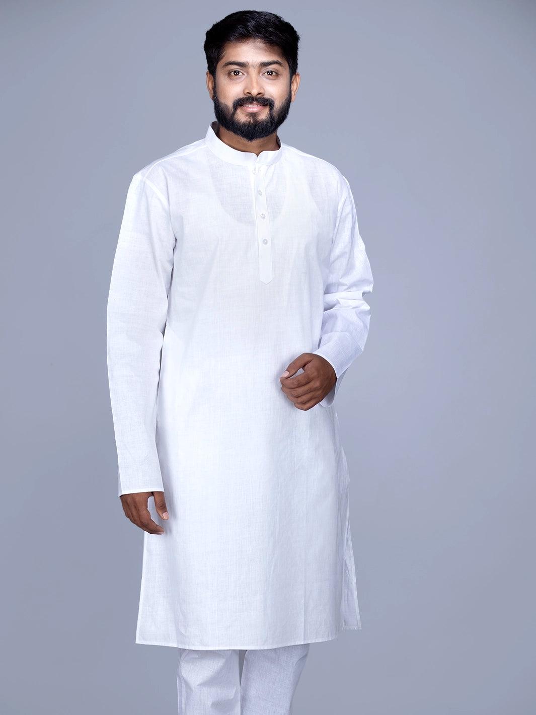 Handwoven Organic Cotton White Men Kurta - WeaversIndia