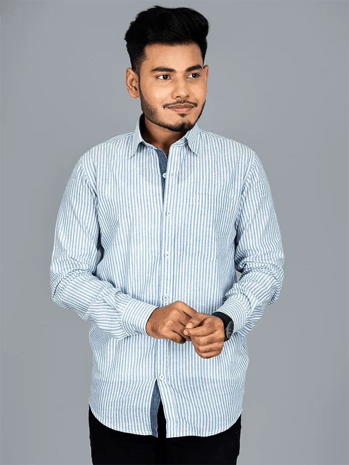 Handwoven Sky Blue Striped Cotton Men Shirt - WeaversIndia