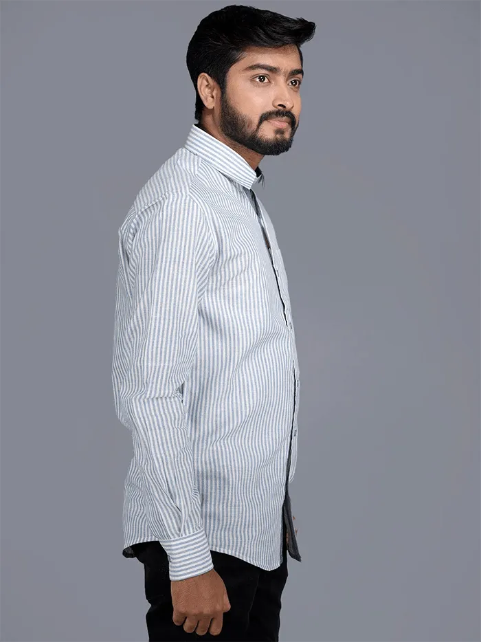 Handwoven Sky Blue Striped Cotton Men Shirt - WeaversIndia