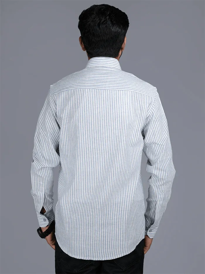 Handwoven Sky Blue Striped Cotton Men Shirt - WeaversIndia