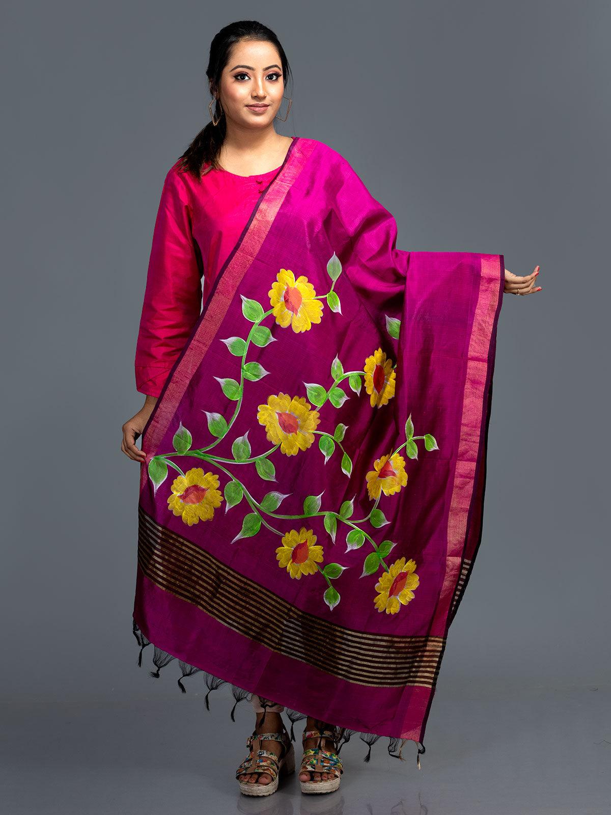 Hot Pink Hand Painted Bishnupuri Katan Silk Dupatta - WeaversIndia