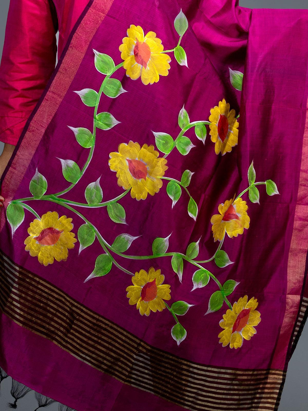 Hot Pink Hand Painted Bishnupuri Katan Silk Dupatta - WeaversIndia