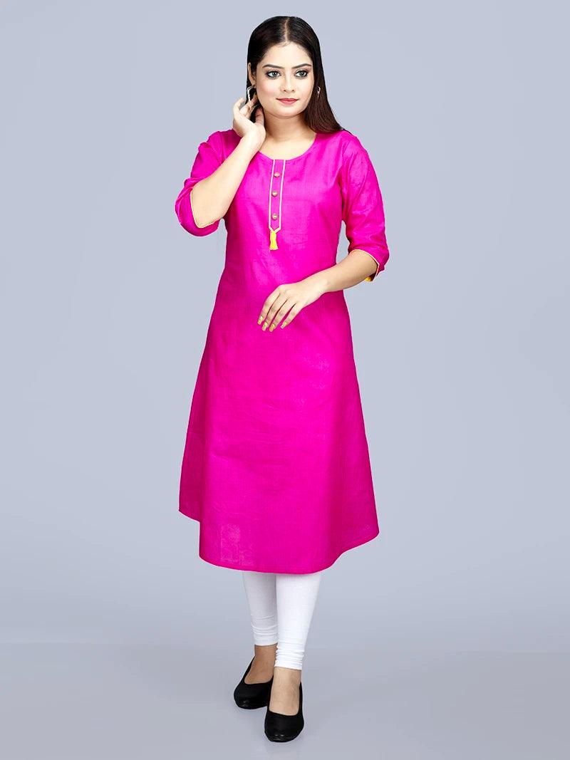 Hot Pink Medium Length Cotton Kurta - WeaversIndia