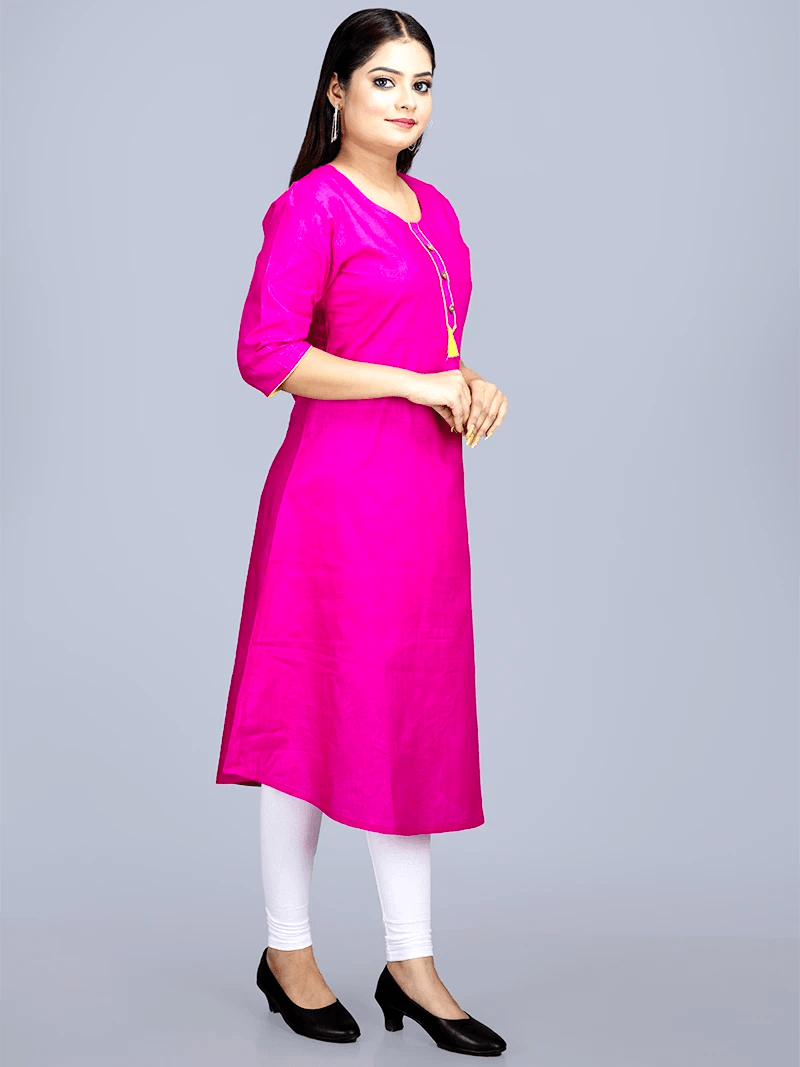 Hot Pink Medium Length Cotton Kurta - WeaversIndia