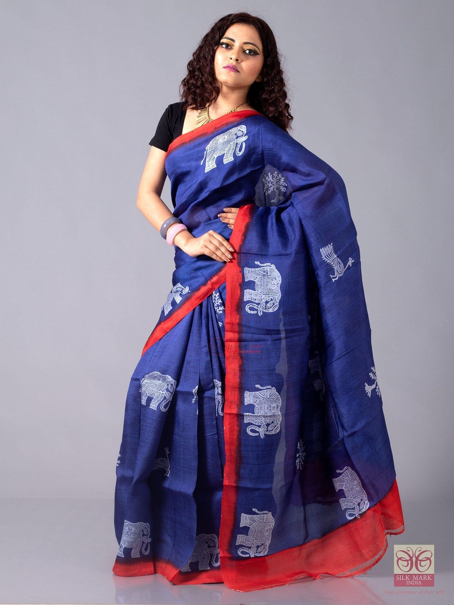 Indigo Blue Block Printed Murshidabad Silk Saree - WeaversIndia